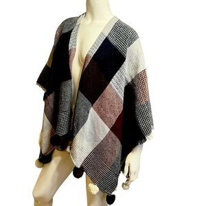 Plaid Knit Poncho Sweater Black Brown Cream Gray by LOFT OS
